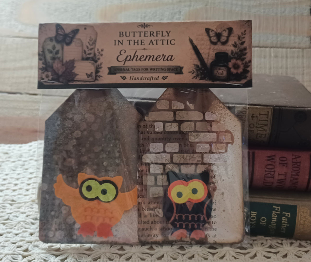 Set of two handmade grungy owl journal tags with cracked brick and weathered sepia mixed-media backgrounds