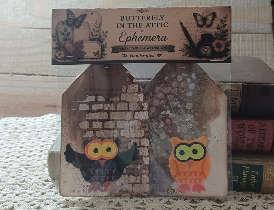 Set of two handmade owl journal tags with smoky sepia backgrounds, vintage book text and crackled ivory brick texture