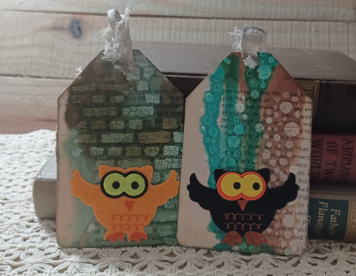 Set of two handmade owl journal tags with moss green brickwork and turquoise distressed vintage book-page backgrounds