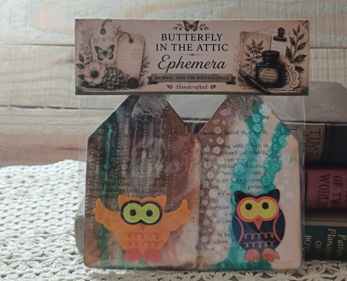 Set of two handmade owl journal tags with turquoise, rust and distressed vintage book-page backgrounds