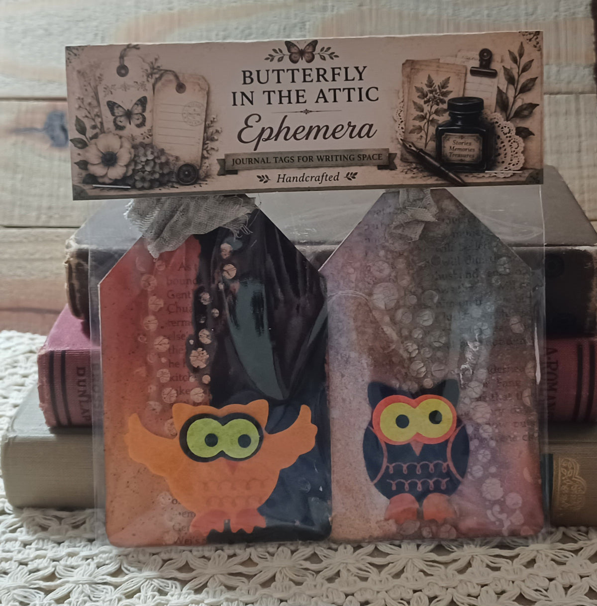Set of two handmade Halloween owl journal tags with smoky mauve and blackened rust-orange vintage book-page backgrounds