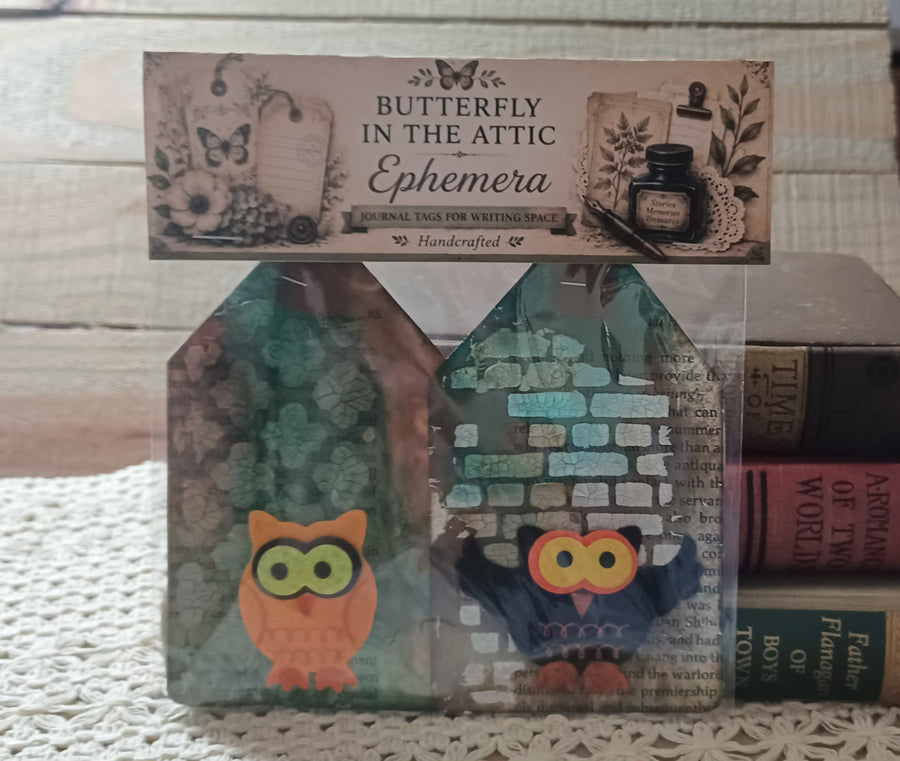 Set of two handmade owl journal tags with verdigris green and raised turquoise crackled masonry backgrounds