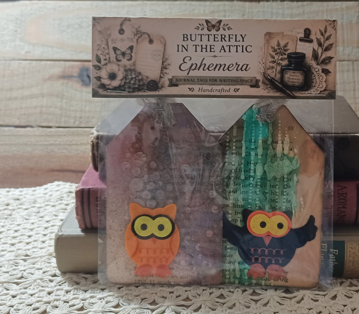 Set of two handmade owl journal tags with turquoise drips and dusty rose distressed vintage book-page backgrounds