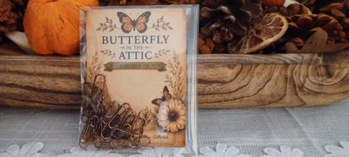Set of 20 small faux rust paper clips in a clear sleeve with a Butterfly In The Attic backing card.