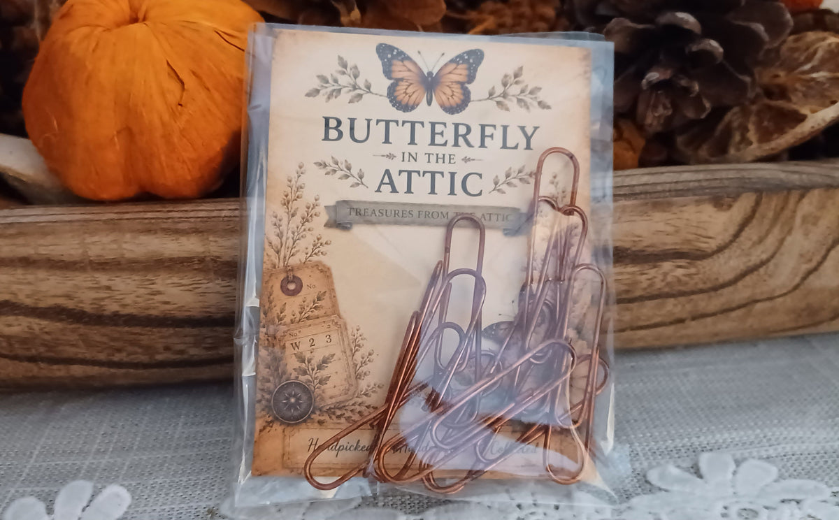 Set of ten red oxide faux-rusted 2-inch paper clips on a Butterfly In The Attic backing card inside a clear protective sleeve