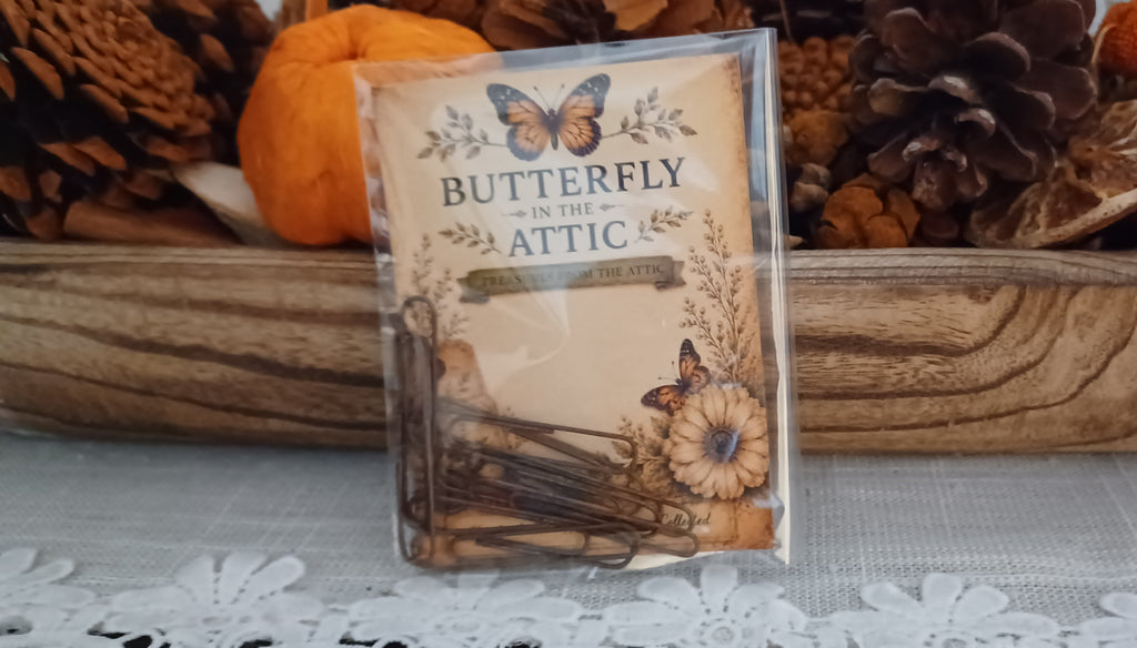 Ten genuinely rusted 2-inch paper clips packaged on a Butterfly In The Attic backing card in a clear protective sleeve