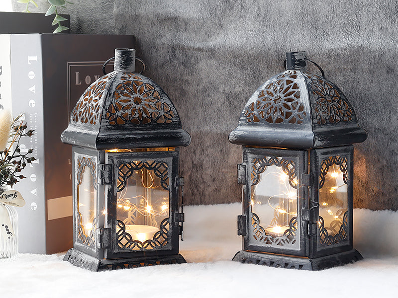 Vintage-Style Metal Lanterns with LED Fairy Lights – Set of 2