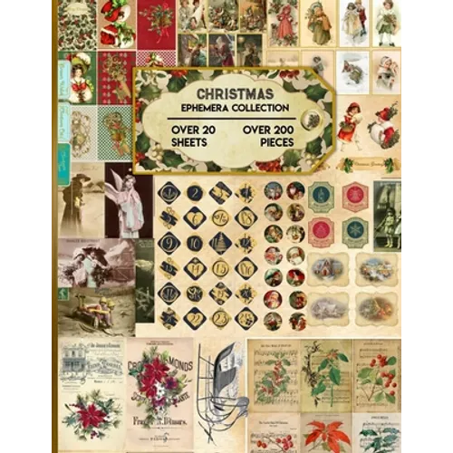 Cover of vintage Christmas ephemera cut-out book featuring nostalgic holiday illustrations, Christmas cards, and decorative paper designs