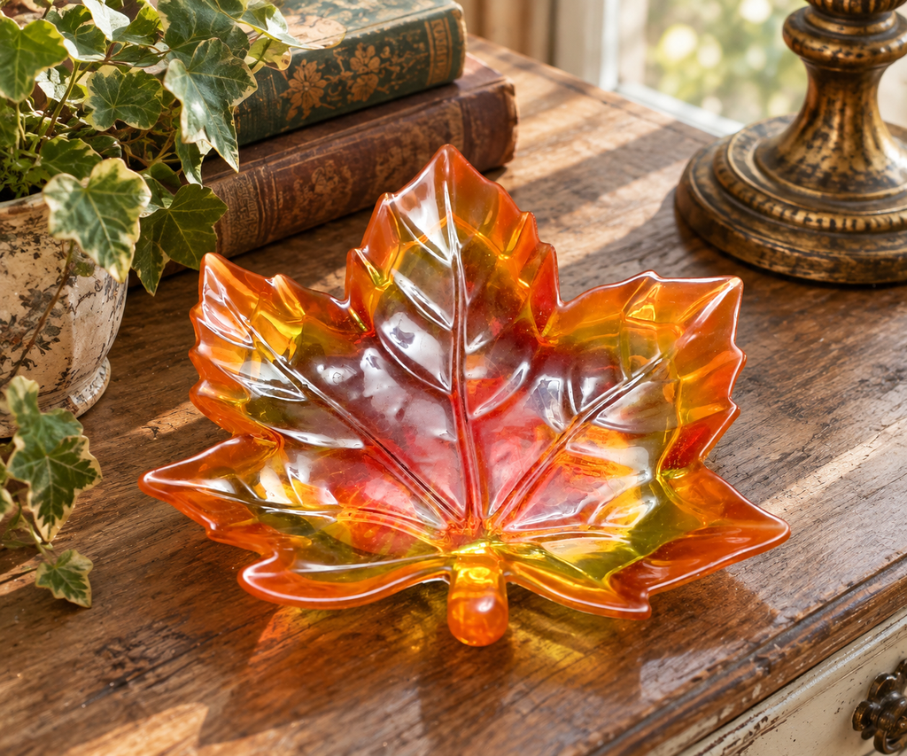 Orange and red handmade resin maple leaf dish displayed on a vintage wood table with books and ivy
