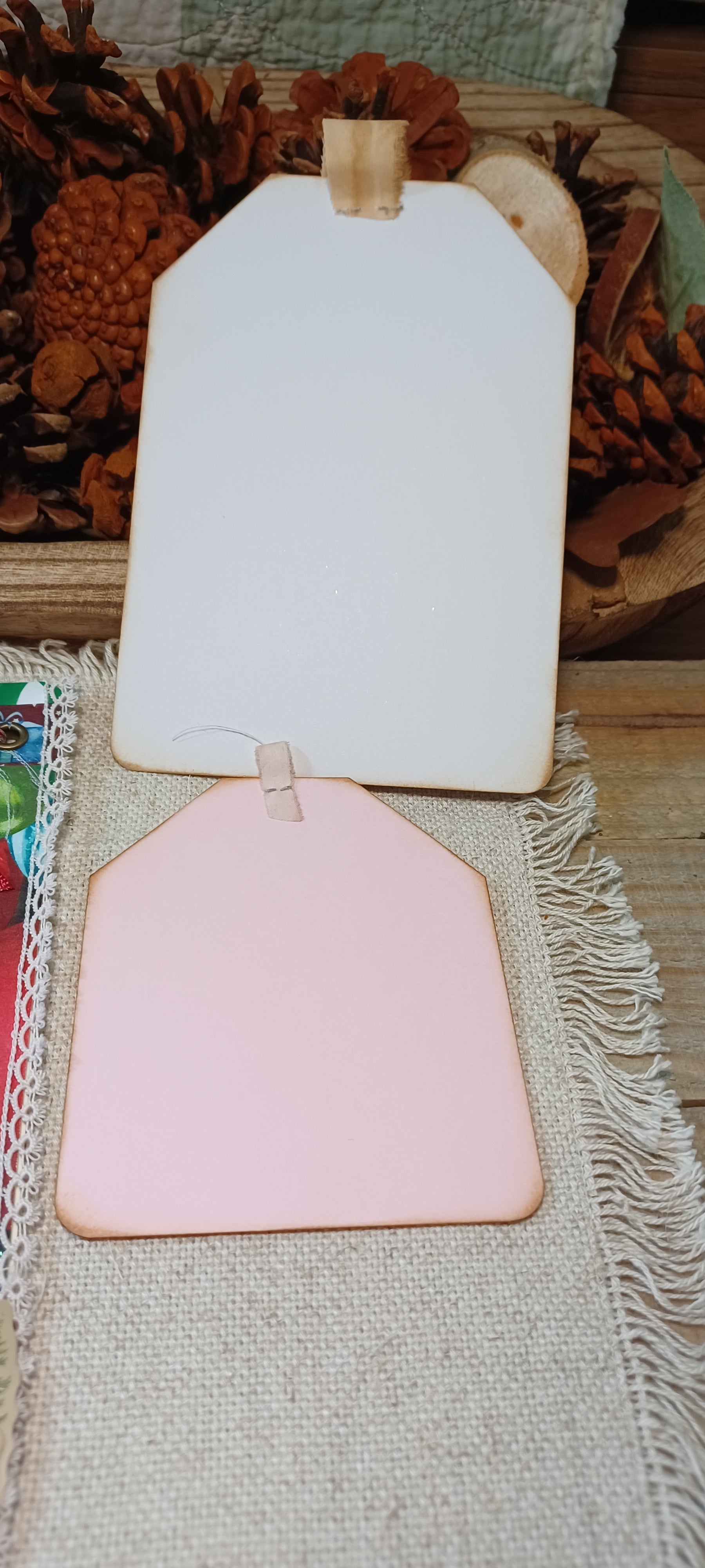 Back of Christmas candy cane tag pocket with blank writing surfaces