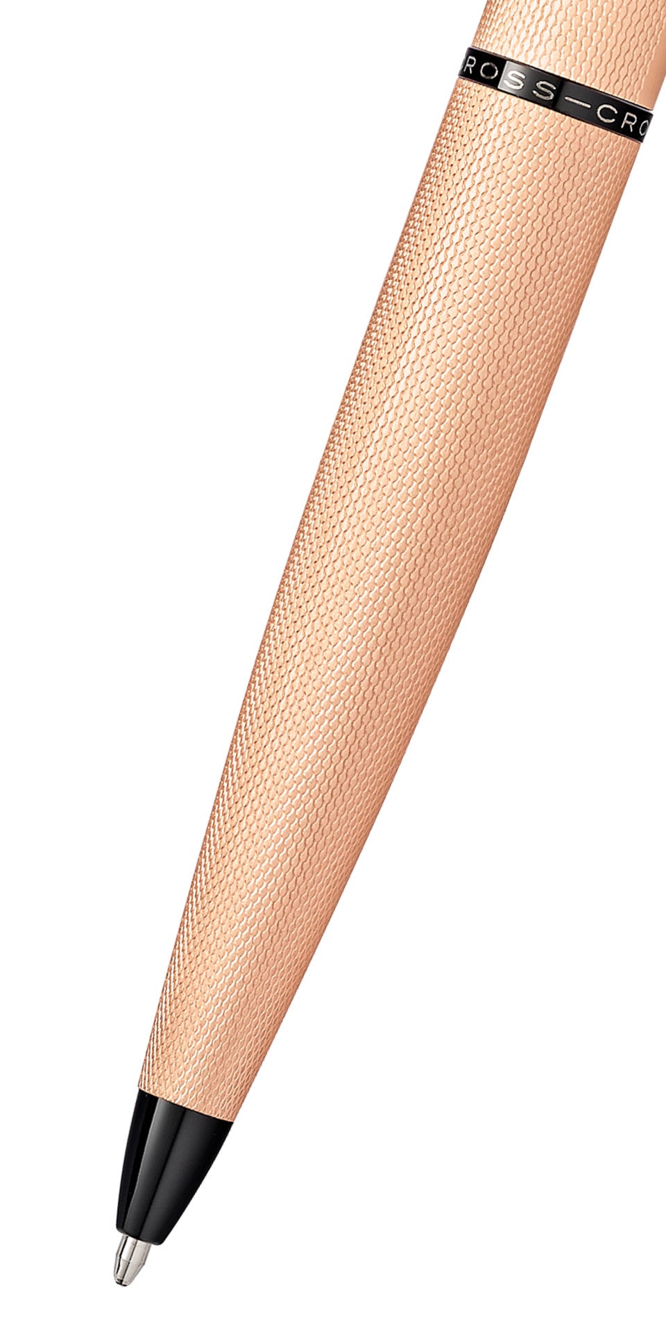Close-up of Cross ATX brushed rose gold ballpoint pen showing textured barrel and black tip
