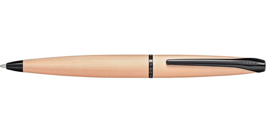 Side view of Cross ATX brushed rose gold ballpoint pen with tapered silhouette and black clip