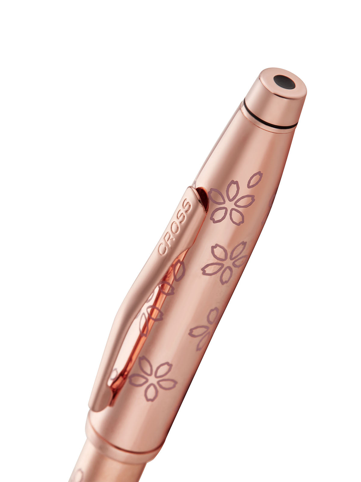 Close-up of Cross Century II Cherry Blossom ballpoint pen showing rose gold-plated clip and floral artwork