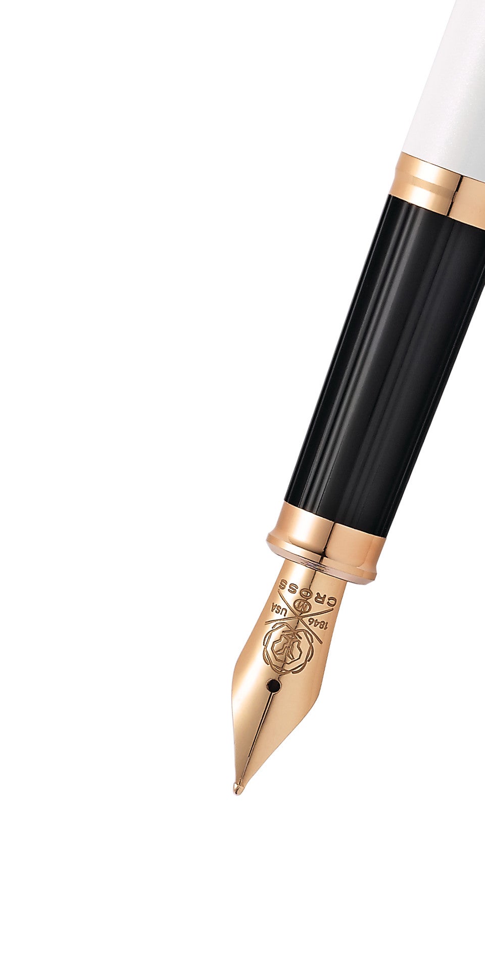 Close-up of the medium fountain pen nib on the Cross Century II Pearlescent White Lacquer pen