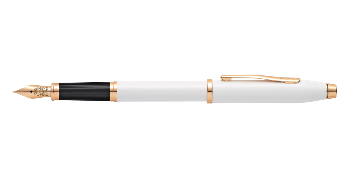 Profile view of Cross Century II Pearlescent White Lacquer fountain pen with medium nib and gold-tone appointments
