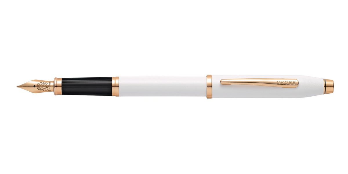 Side view of Cross Century II Pearlescent White Lacquer fountain pen with medium nib and gold-tone clip