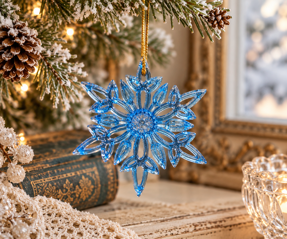 Handmade blue resin snowflake Christmas ornament hanging from a snowy evergreen branch beside vintage books and warm holiday lights.
