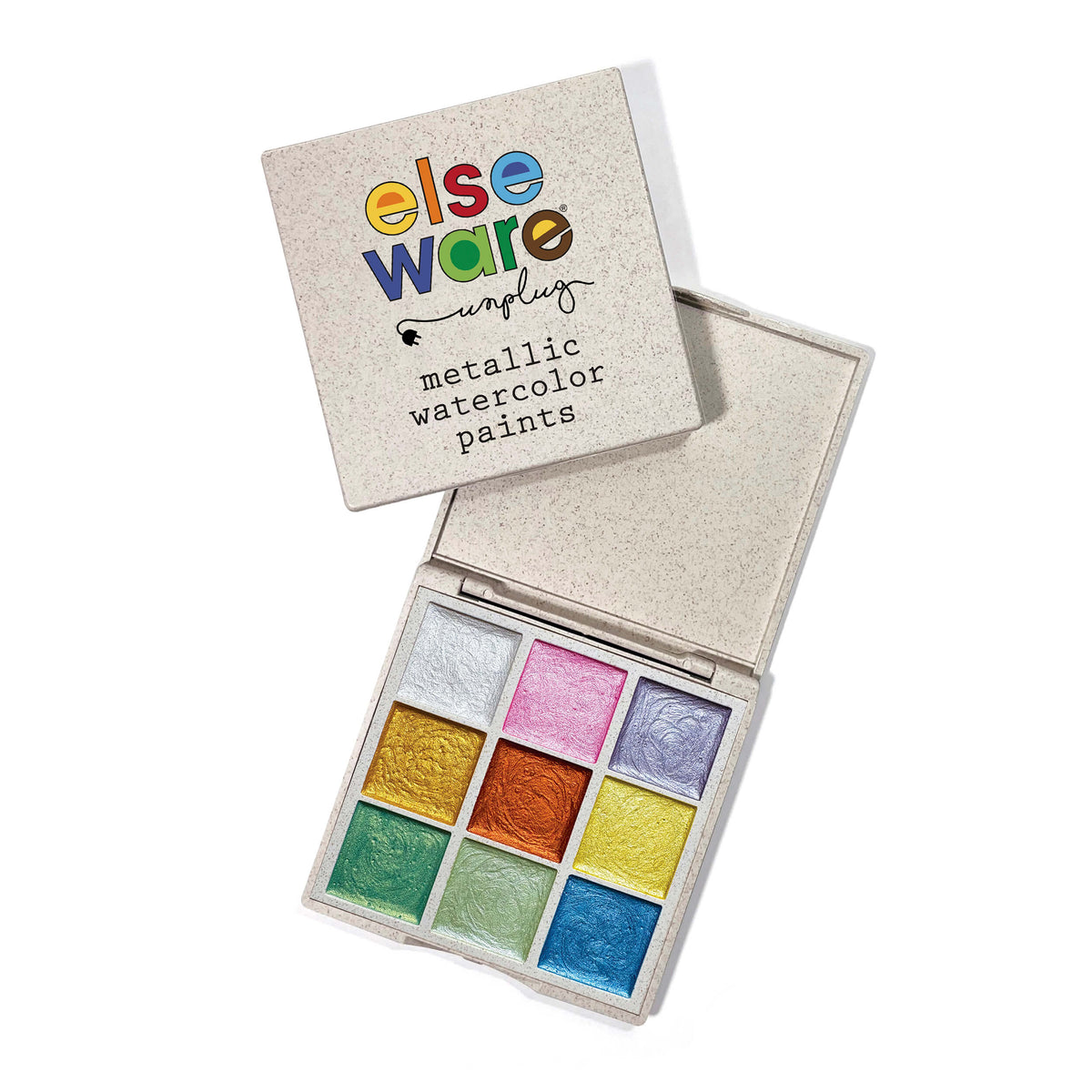Open wheat straw bioplastic palette displaying nine metallic watercolor paints beside its labeled lid