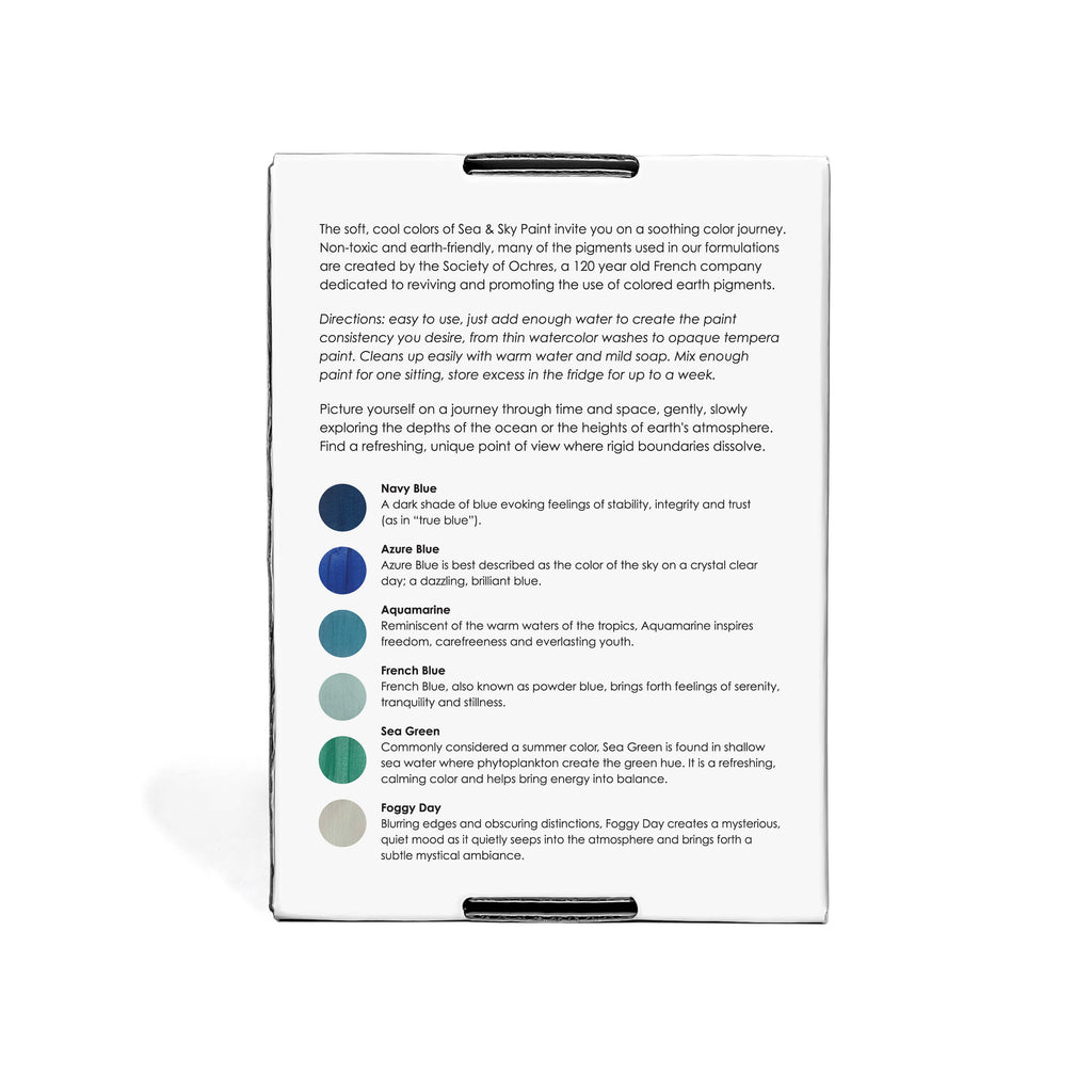Back of Sea & Sky paint set packaging with product information and instructions