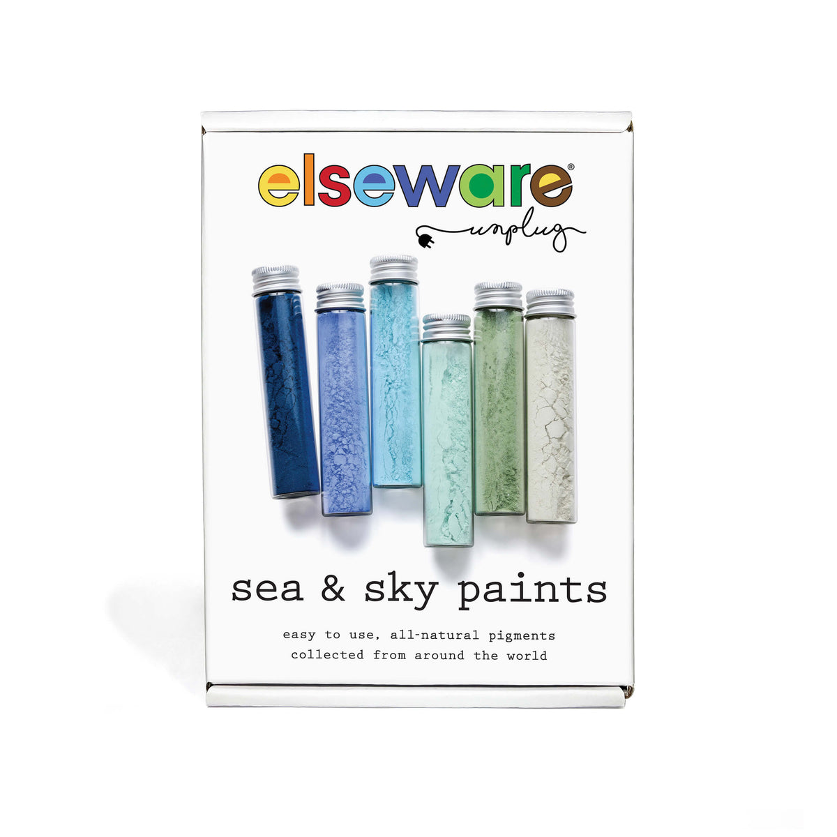 Sea & Sky paint set packaging with four vials of blue and green earth pigments