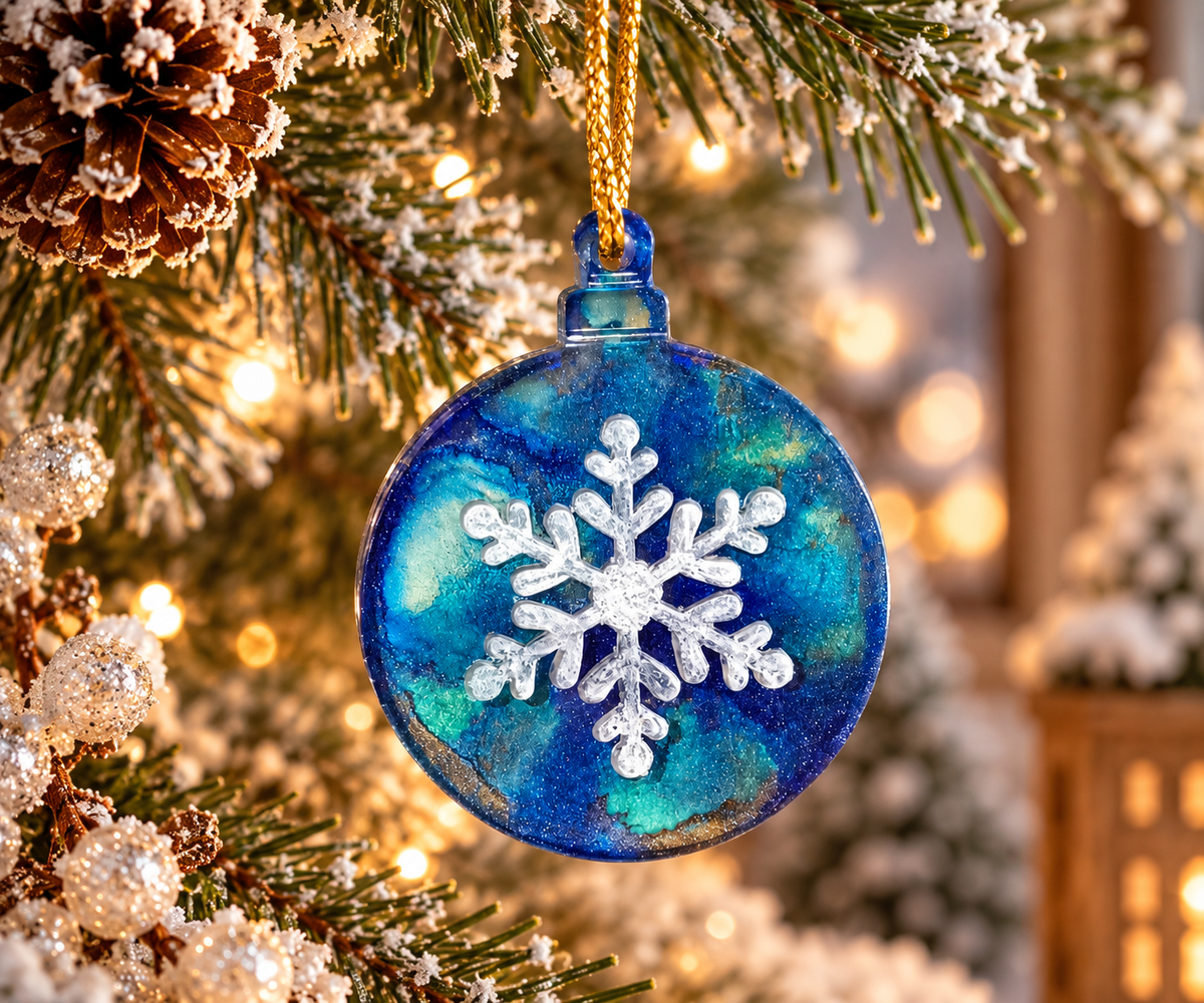 Handmade blue resin snowflake ornament hanging from a snowy evergreen branch among warm Christmas lights.
