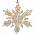Handmade clear resin snowflake Christmas ornament with brushed gold micro mica accents and gold hanging cord, shown against a white background.
