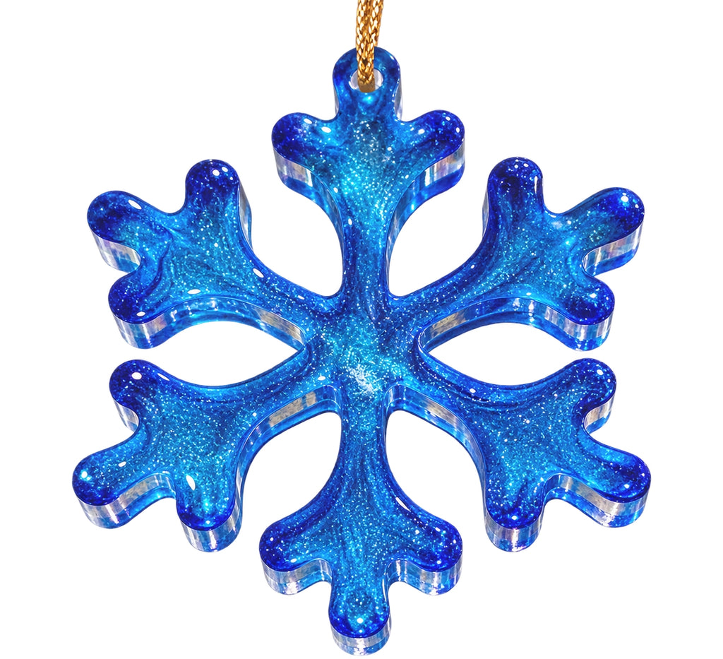 Reverse side of handmade translucent blue resin snowflake ornament showing glossy blue resin and clear edges on white background.