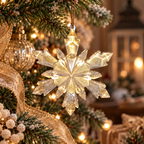 Clear resin snowflake Christmas ornament with brushed gold mica accents hanging among evergreen branches, golden ribbon, and warm holiday lights.