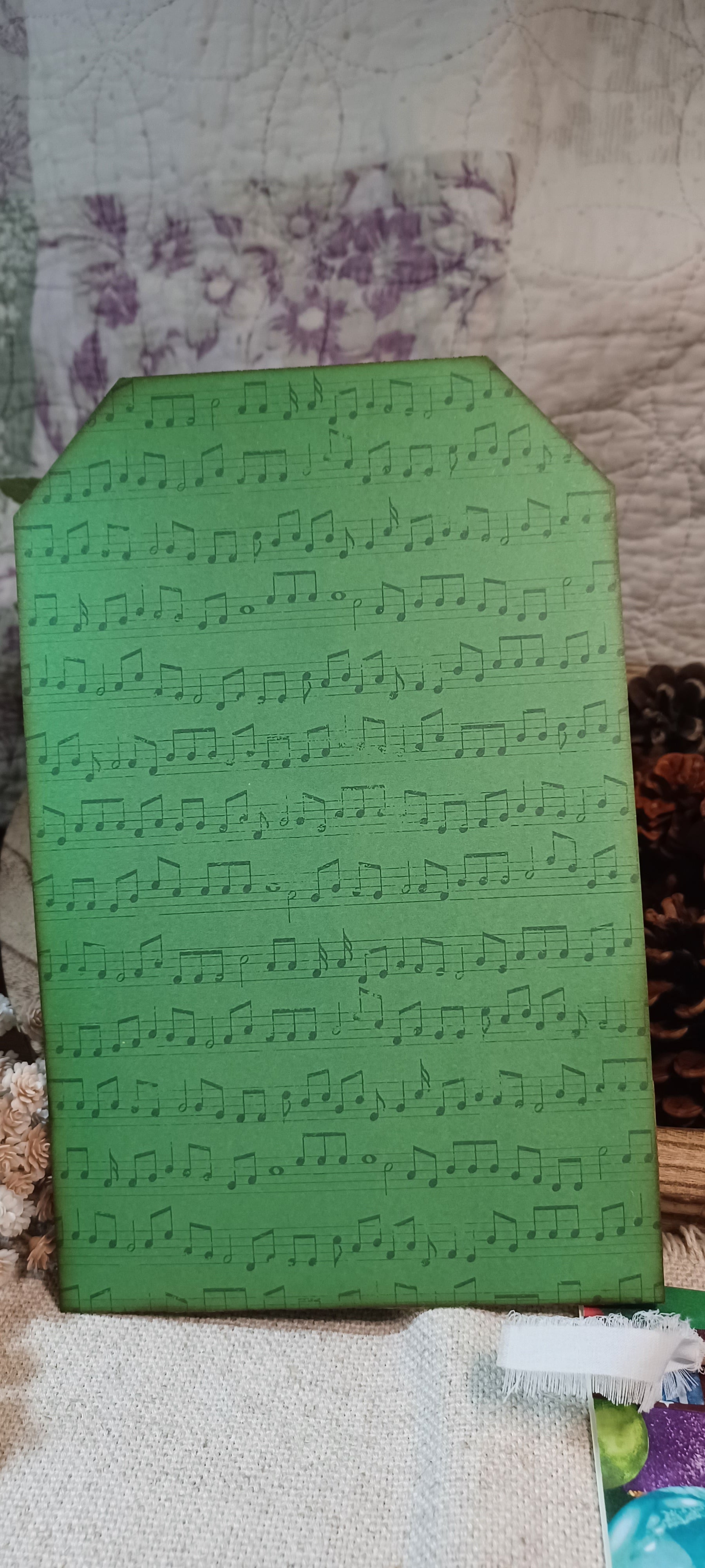 Green vintage sheet music back of handmade Christmas mini journal holder