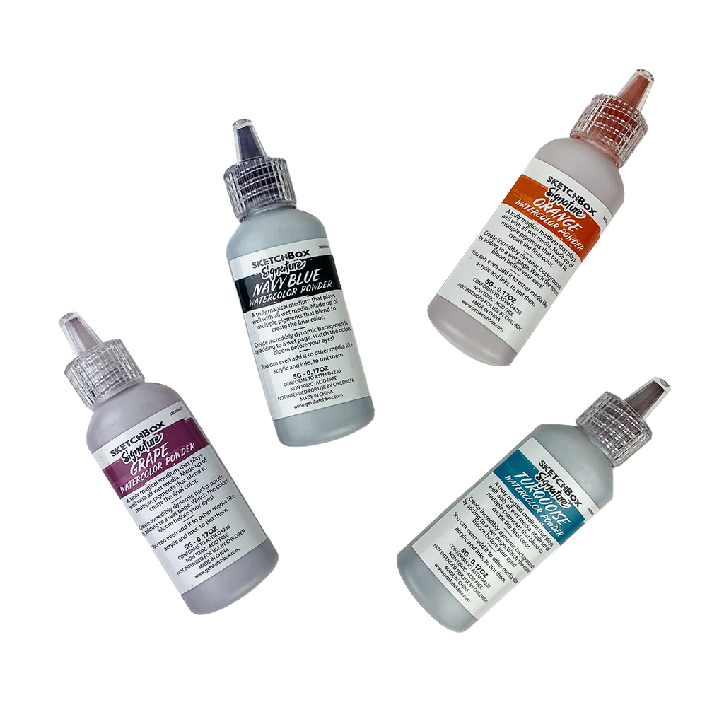 Four bottles of SplotchBox paint mediums on a white background