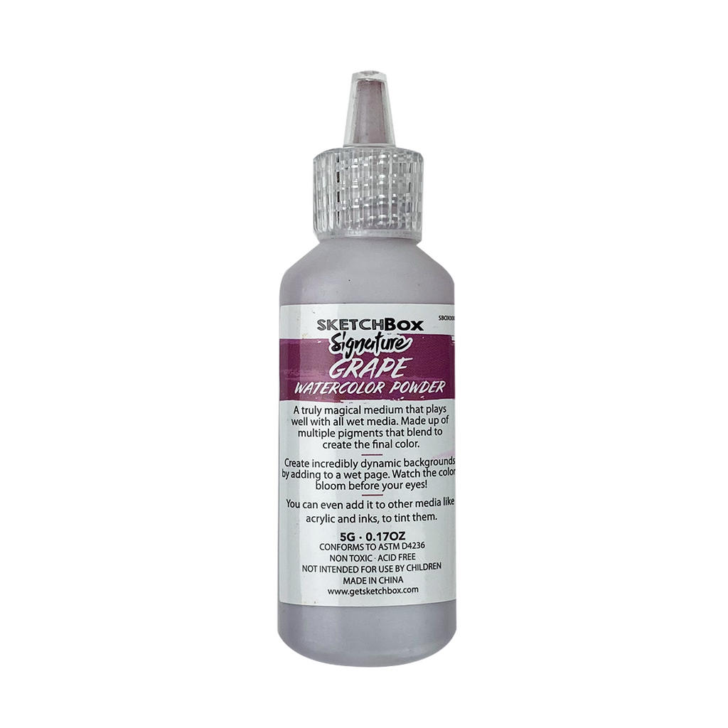 Bottle of SketchBox Grape watercolor powder on a white background