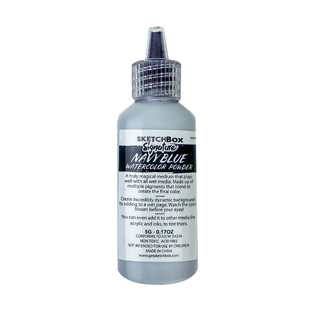 Bottle of SketchBox Navy Blue watercolor powder on a white background
