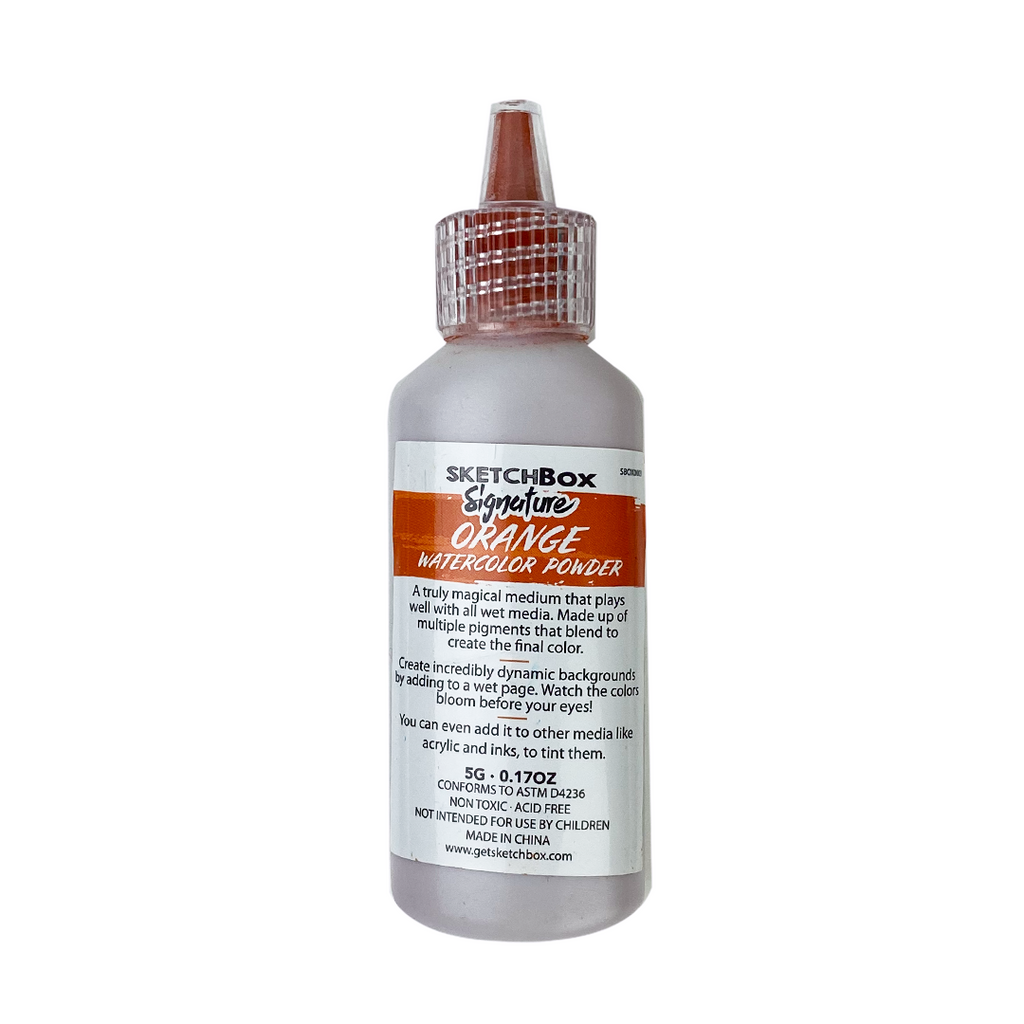 Bottle of SketchBox watercolor powder with orange color on a white background