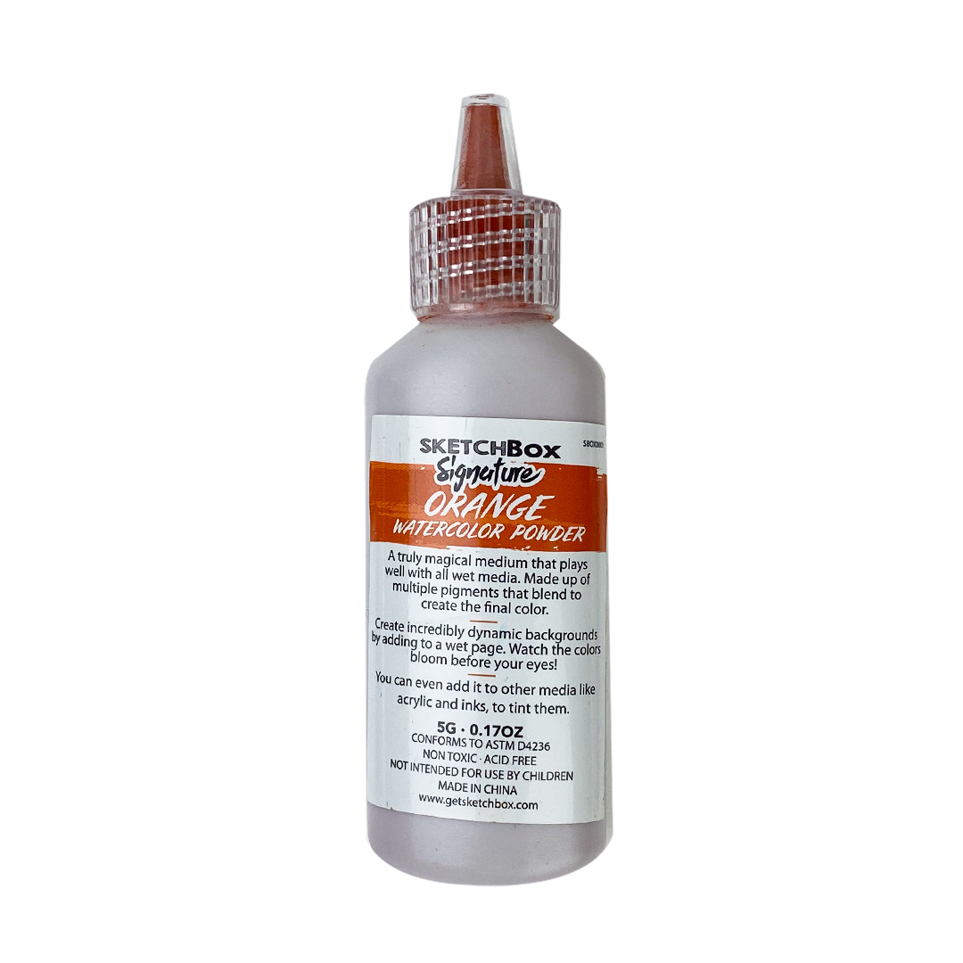 Bottle of SketchBox watercolor powder with orange color on a white background