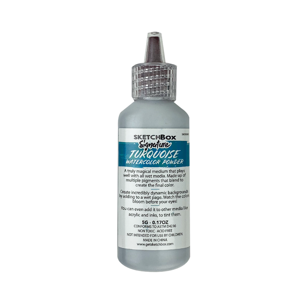 Bottle of SketchBox Turquoise watercolor powder on a white background