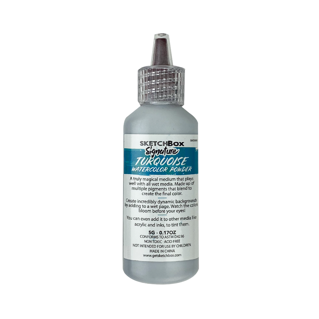 Bottle of SketchBox Turquoise watercolor powder on a white background