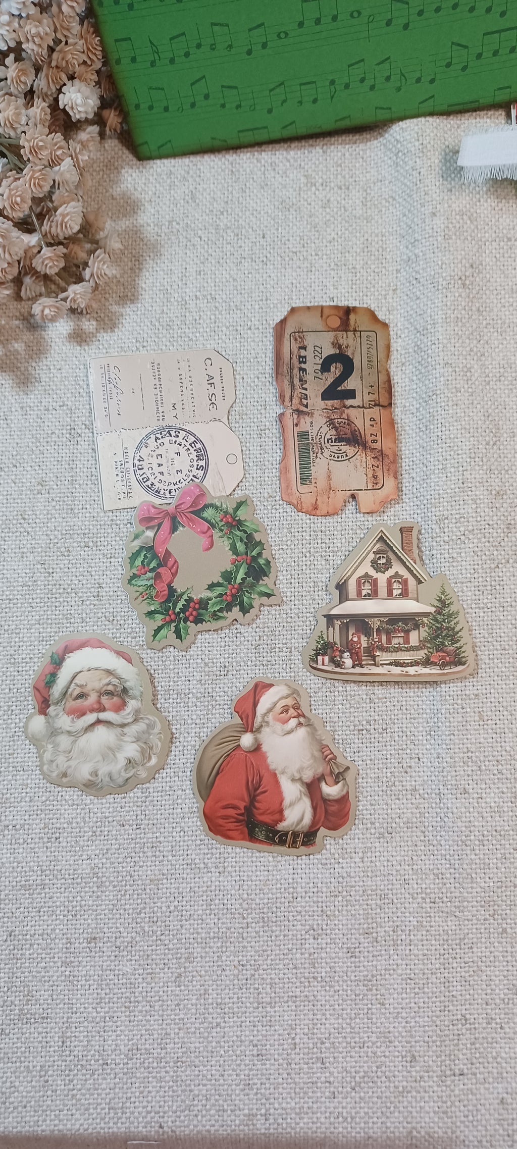 set of 6 vintage inspired Stickers: 2 tickets, wreath, house decorated in Christmas, 2 Santa Caluses