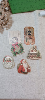 set of 6 vintage inspired Stickers: 2 tickets, wreath, house decorated in Christmas, 2 Santa Caluses