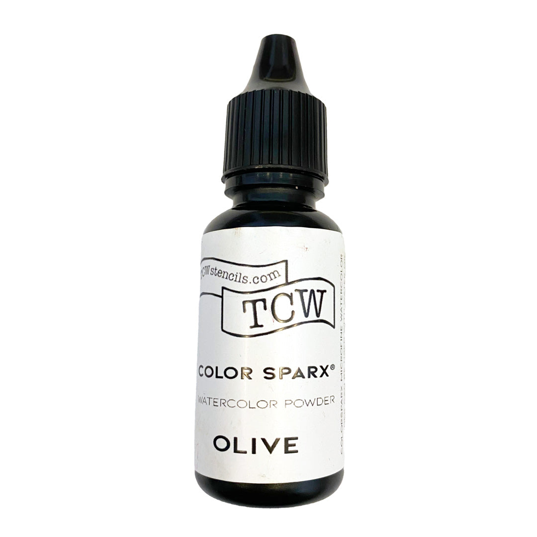 A small bottle of TCG Watercolor Powder in the shade 'Olive' by TCG Stencils. The product is in a dark glass bottle with a black cap and a white label featuring black text.