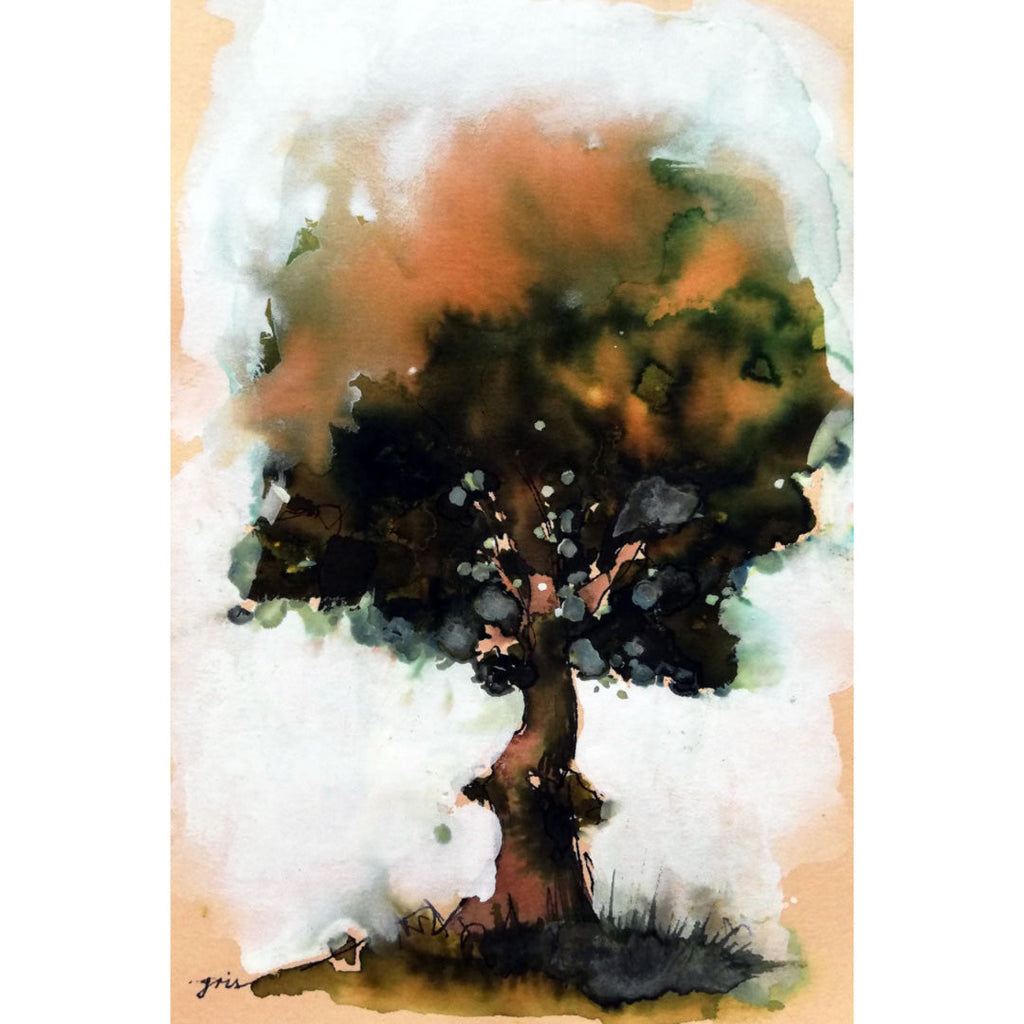 Artistic depiction of a tree with watercolor textures on a beige background