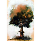 Artistic depiction of a tree with watercolor textures on a beige background