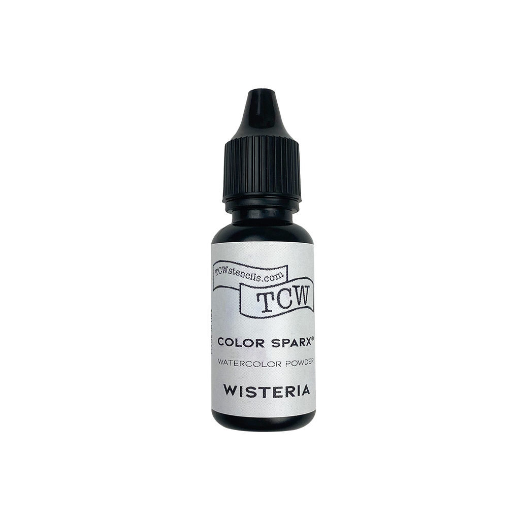 A small black bottle of TCW Color Sparkle watercolor powder in the shade Wisteria, featuring a white label and a black dropper cap, set against a plain white background.