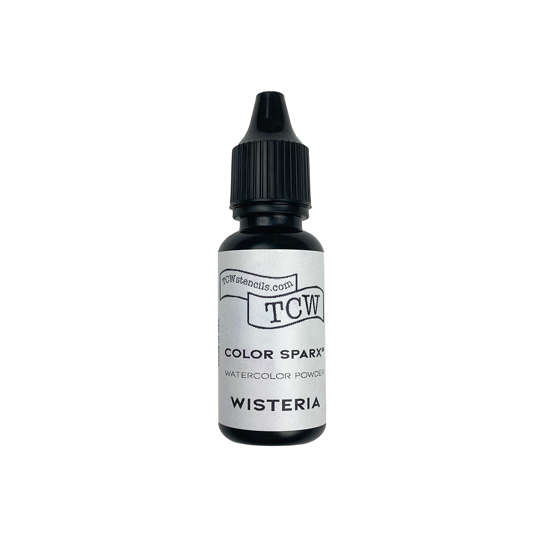 A small black bottle of TCW Color Sparkle watercolor powder in the shade Wisteria, featuring a white label and a black dropper cap, set against a plain white background.
