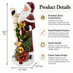 A Santa Claus holiday figurine shown with product dimensions and feature callouts on a white background. The figurine depicts Santa in a red robe with a white beard, green wreath, gold bow, and scroll, standing on a decorated base.