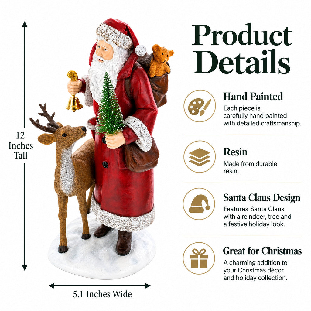 Santa Claus figurine with a reindeer, green Christmas tree, and teddy bear, shown with product dimensions and feature callouts on a white background.