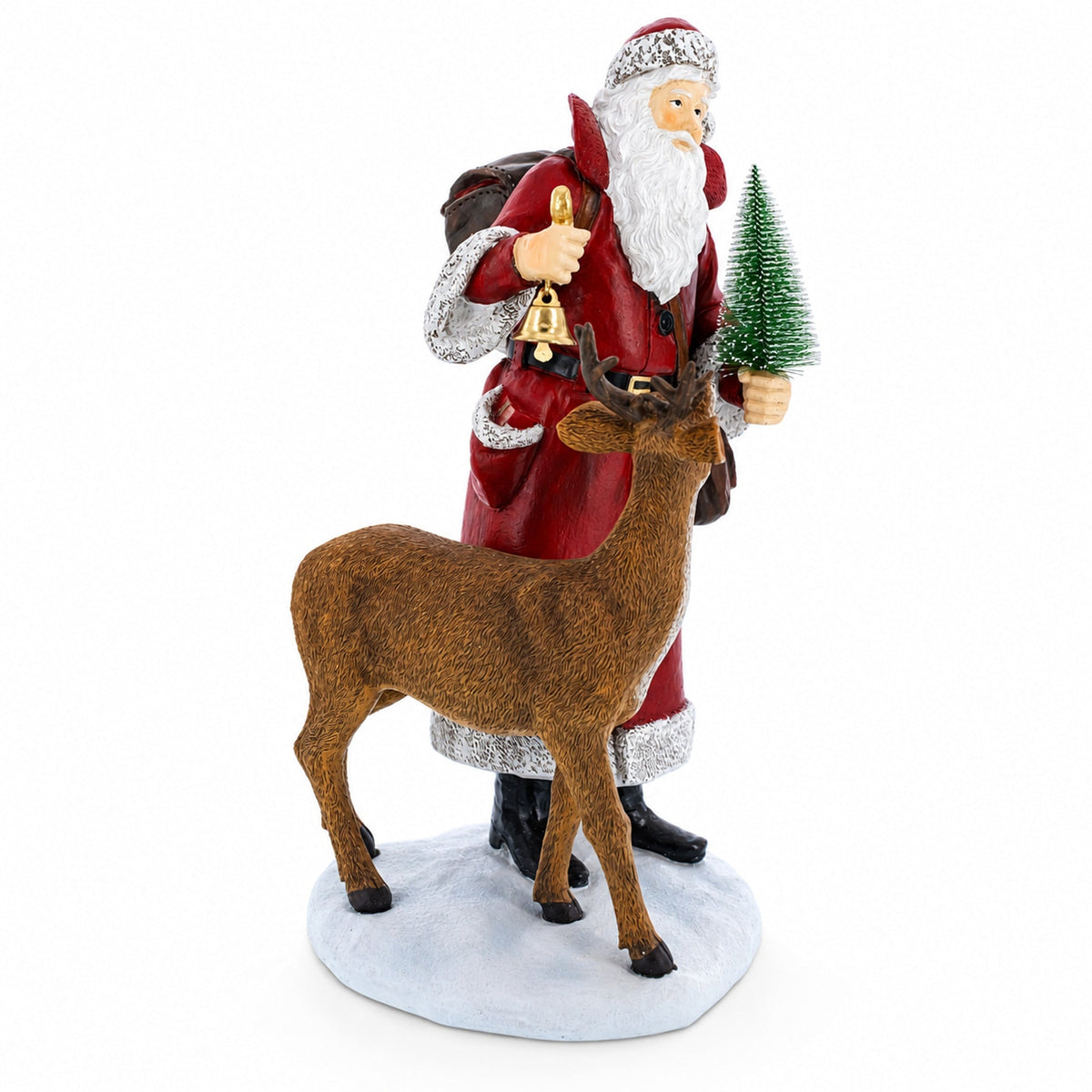 A festive Santa Claus figurine standing beside a brown deer, holding a small green Christmas tree and a sack, set on a light blue-gray base against a plain white background.