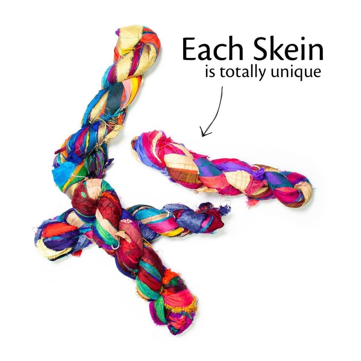 At the Bahamas recycled sari silk ribbon skeins illustrating the unique color variation of each skein
