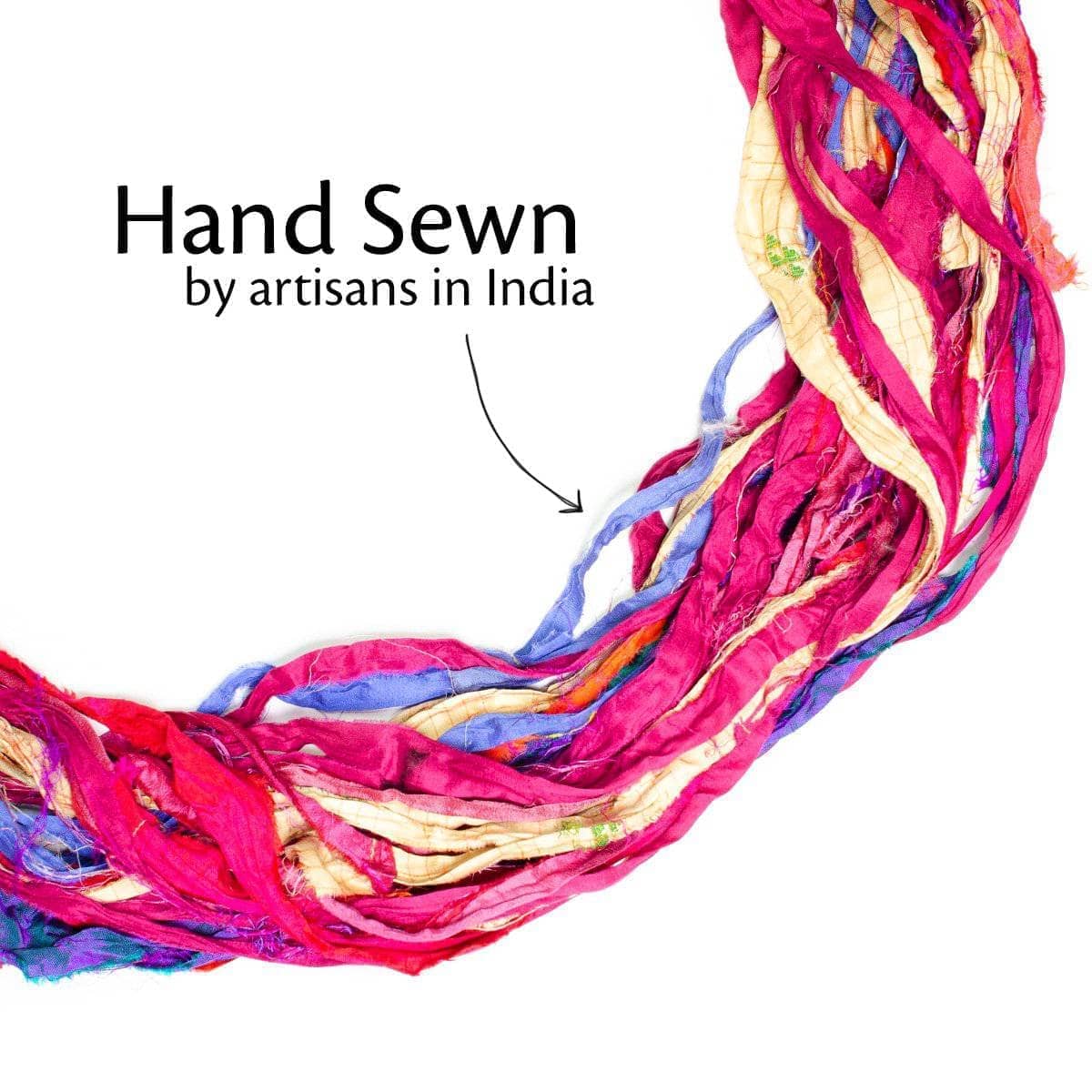At the Bahamas recycled sari silk ribbon showing hand-sewn strips crafted by artisans in India