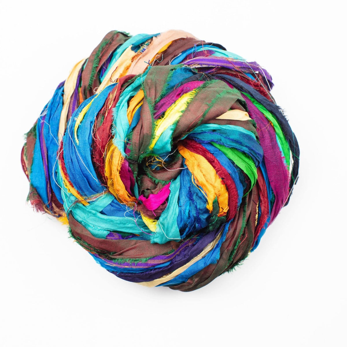 At the Bahamas recycled sari silk ribbon skein with wide colorful strips in vibrant jewel tones
