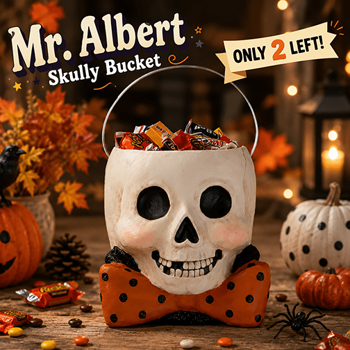 Promotional image of Mr. Albert Skully Halloween bucket with festive autumn decorations.